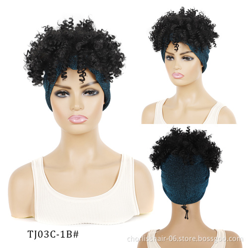 Hot Selling  Ombre Kinky Curly Turban Fluffy Afro Wig Short Headband wig Synthetic Wig With Headband Attached For Black Women